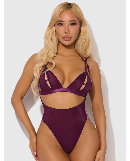 Yasmine Shimmer Mesh Slit Cup, Backless Teddy & Bralette Set - Burgundy 1X/2X