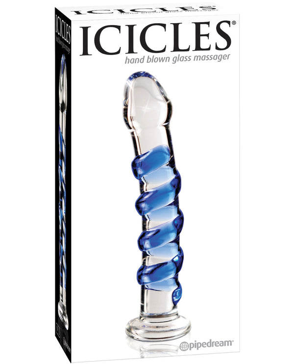 Icicles No. 5 Hand Blown Glass Massager - Clear w/Blue Swirls