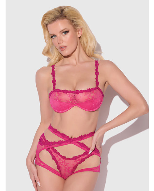 Yvone Lace Bra w/Removable Straps, Garter & Tanga Panty 3 pc Set - Pink SM